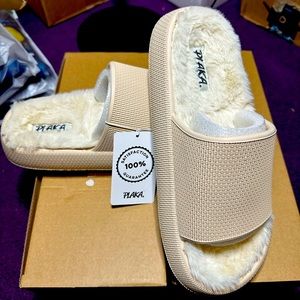 Beige Fuzzy Slides Sandals